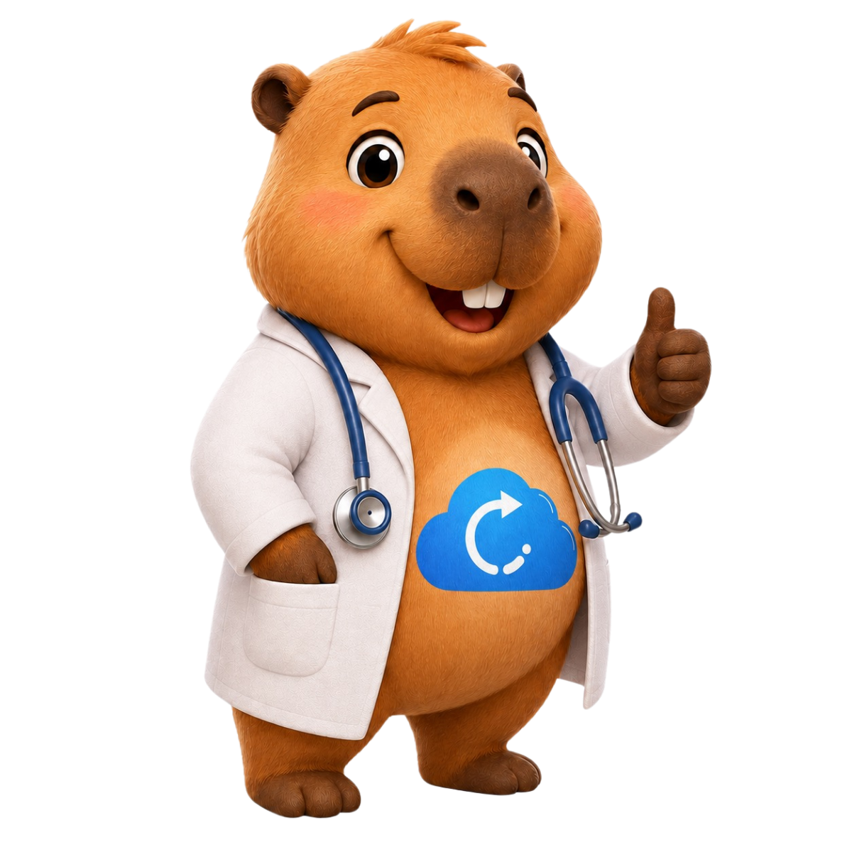 Mascote capivara médica com tablet